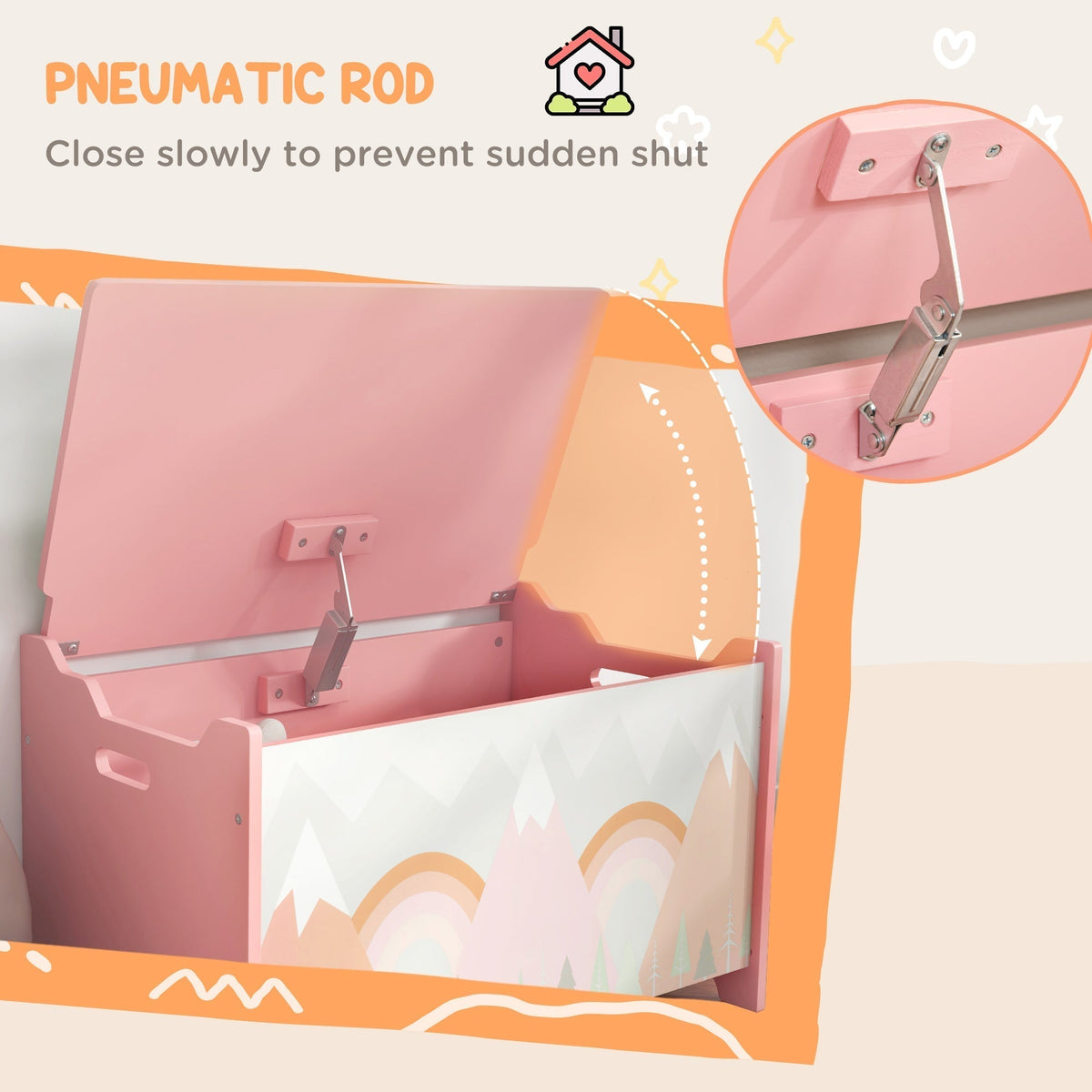 A pink kids storage chest with a pneumatic rod for slow closing