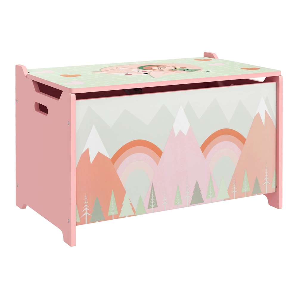 ZONEKIZ Toy Box, a pink kids storage chest with a lid and mountain and rainbow decoration