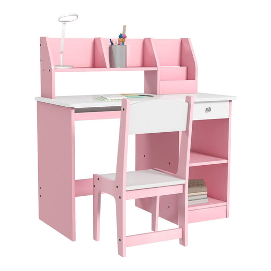 ZONEKIZ Two-Piece Kids Desk and Chair Set with Storage, a pink desk and chair with shelves and a drawer