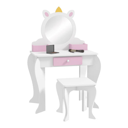 ZONEKIZ Unicorn-Design Kids Dressing Table, a white wooden vanity with a round mirror and a pink drawer
