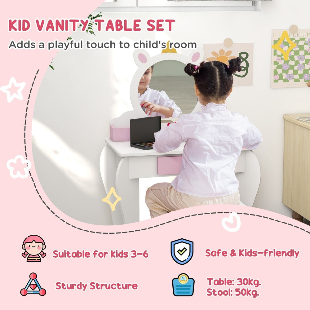 A white kids dressing table set with a mirror and stool, with playful unicorn design elements