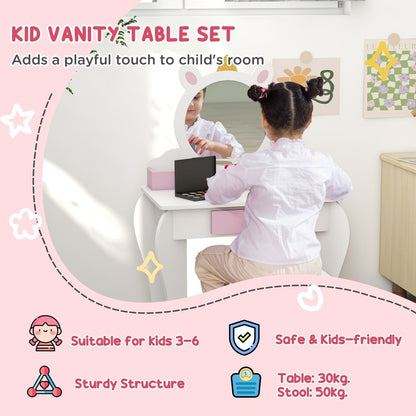 A white kids dressing table set with a mirror and stool, with playful unicorn design elements