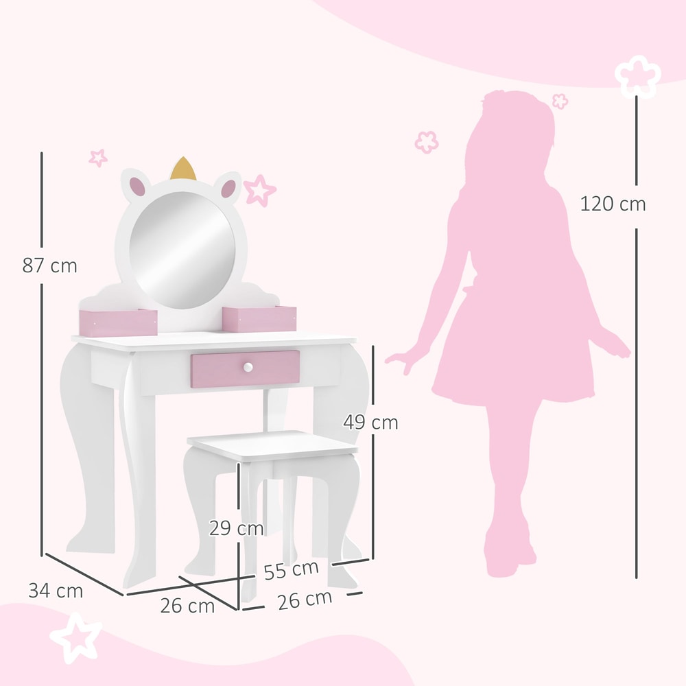 A white dressing table and stool with dimensions shown, next to a child's silhouette
