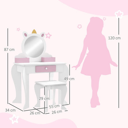 A white dressing table and stool with dimensions shown, next to a child's silhouette