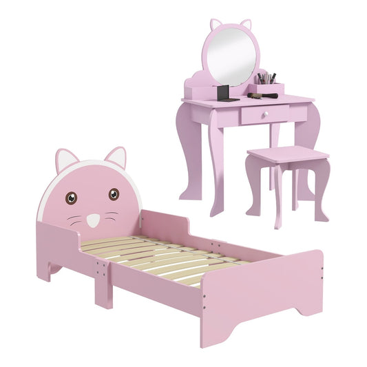 ZONEKIZ Wooden Kids Bedroom Furniture Set with pink cat-design bed and matching dressing table and stool