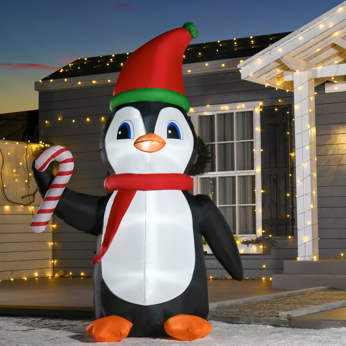 8ft Inflatable Christmas Penguin Holding Candy Cane Blow Up Outdoor Decoration in Red and Black and White