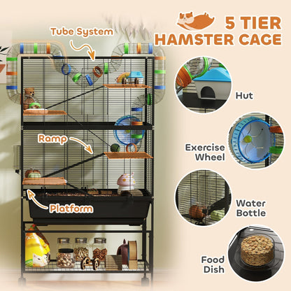 PawHut 5 Tier Large Hamster Cage on Wheels with 17 cm Deep Tray, Storage Shelf for Syrian, Gerbil, Rats