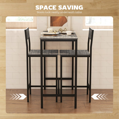 HOMCOM 3-Piece Bar Table Set with 2 Stools, Industrial Breakfast Bar Set with Footrest, Backrest for Dining Room, Small Space