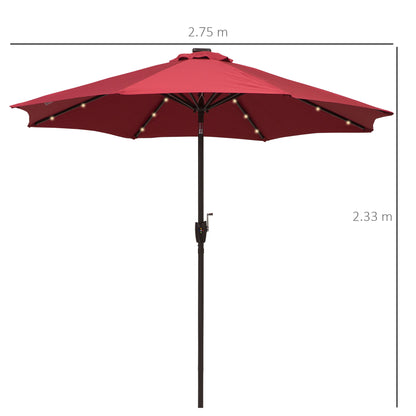 Outsunny 2.7m Garden 24 LED Light Parasol Solar Outdoor Tilt Sun Umbrella Patio Club Party Event Manual Sun Shade w/ Hand Crank and 8 Ribs, Red