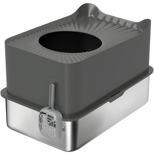 PawHut Stainless Steel Cat Litter Tray, Extra Large Enclosed Litter Box with Scoop, Top Entrance, Non-slip Pads, Dark Grey