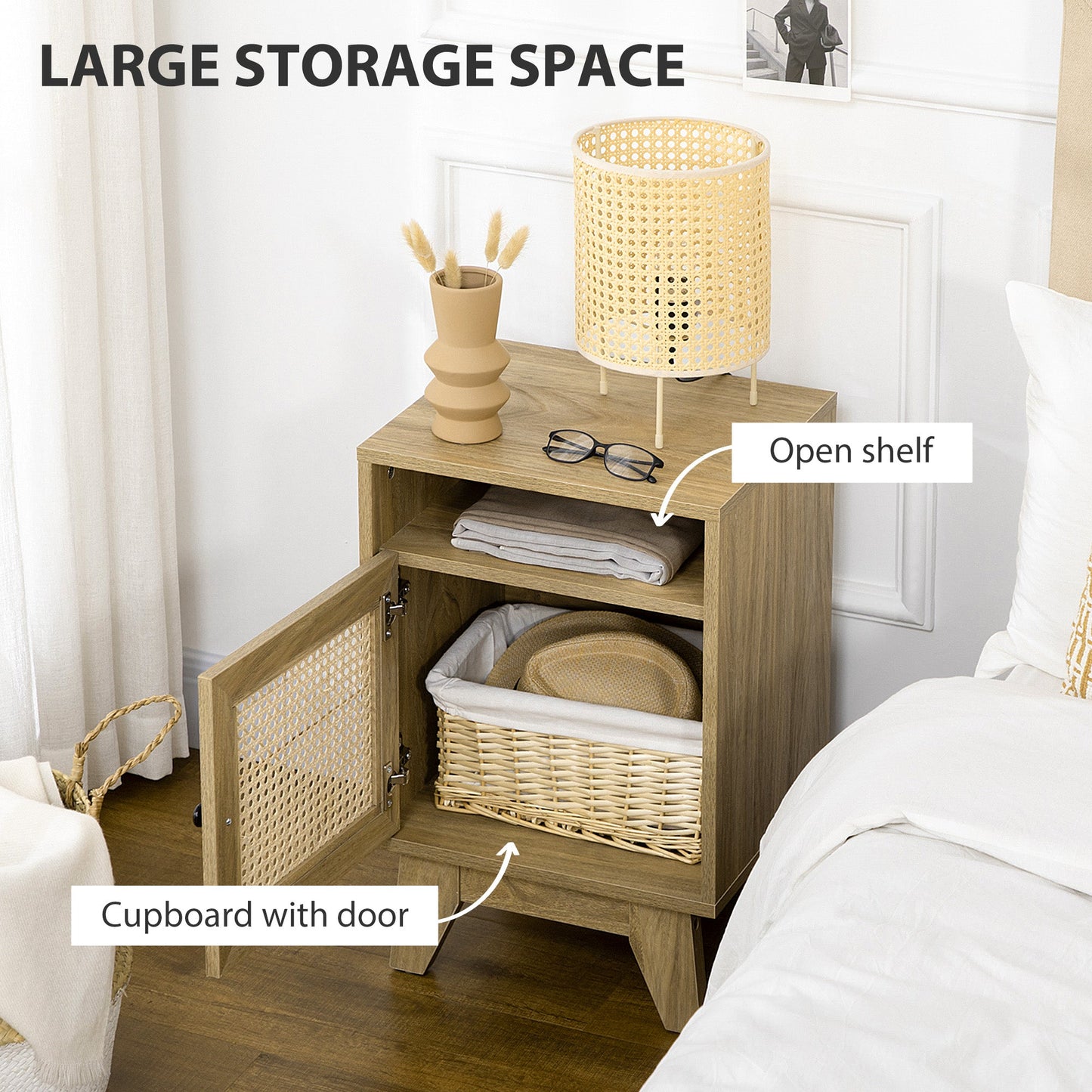 HOMCOM Chest of Drawer with 4 Rattan Drawers, Beside Table with Door, Natural