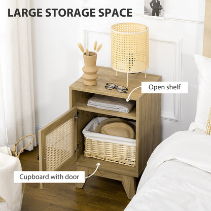 HOMCOM Chest of Drawer with 4 Rattan Drawers, Beside Table with Door, Natural
